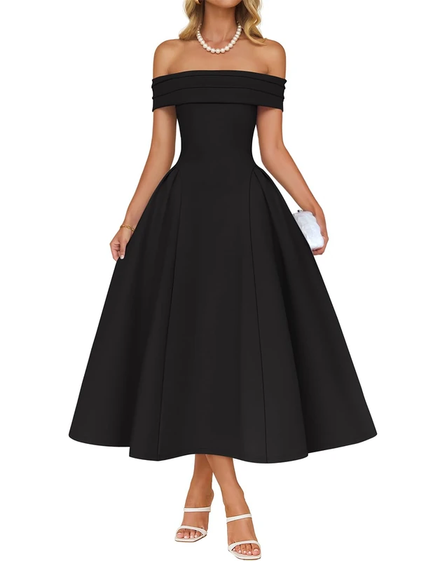 ZESICA Cocktail Dress for Womens Elegant Off Shoulder Short Sleeve Swing A Line Wedding Evening Party Midi Dresses, Black, M - Image 1