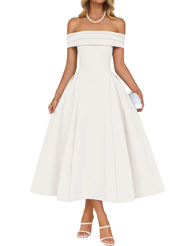 ZESICA Cocktail Dress for Womens Elegant Off Shoulder Short Sleeve Swing A Line Wedding Evening Party Midi Dresses, White, L - Image 1