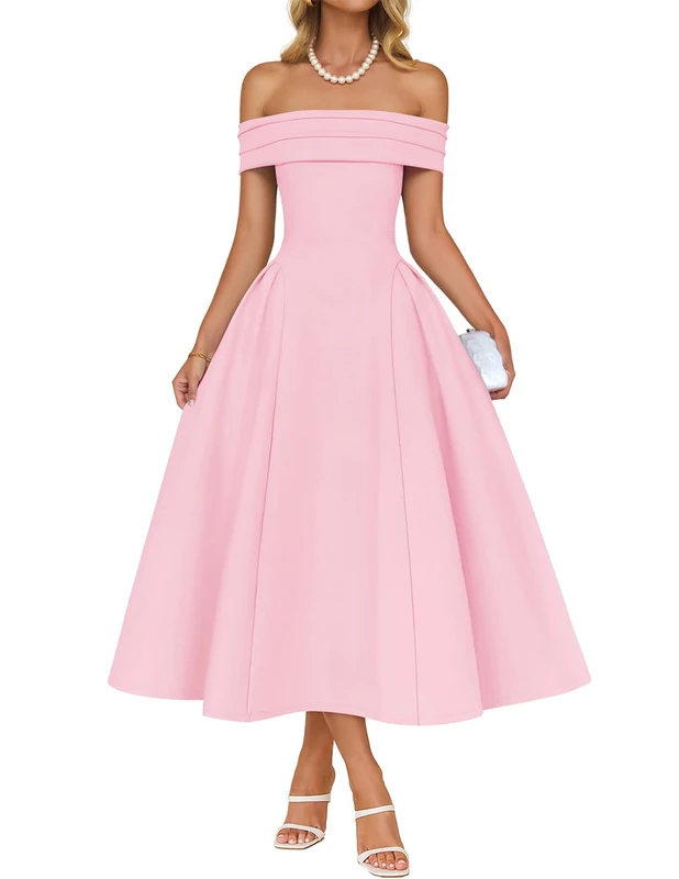 ZESICA Cocktail Dresses for Women's Elegant Off Shoulder Short Sleeve Swing A Line Wedding Evening Party Midi Dress, Pink, M