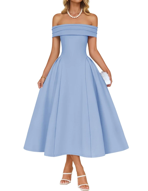 ZESICA Cocktail Dresses for Women's Elegant Off Shoulder Short Sleeve Swing A Line Wedding Evening Party Midi Dress, Blue, S