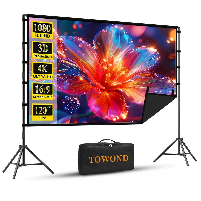 Outdoor Projector Screen with Stand, TOWOND 120 inch Portable Projector Screen Black Backing, Indoor Projection Screen 16:9 4K HD Wrinkle-Free Movie Screen with Carry Bag for Backyard Movie Night