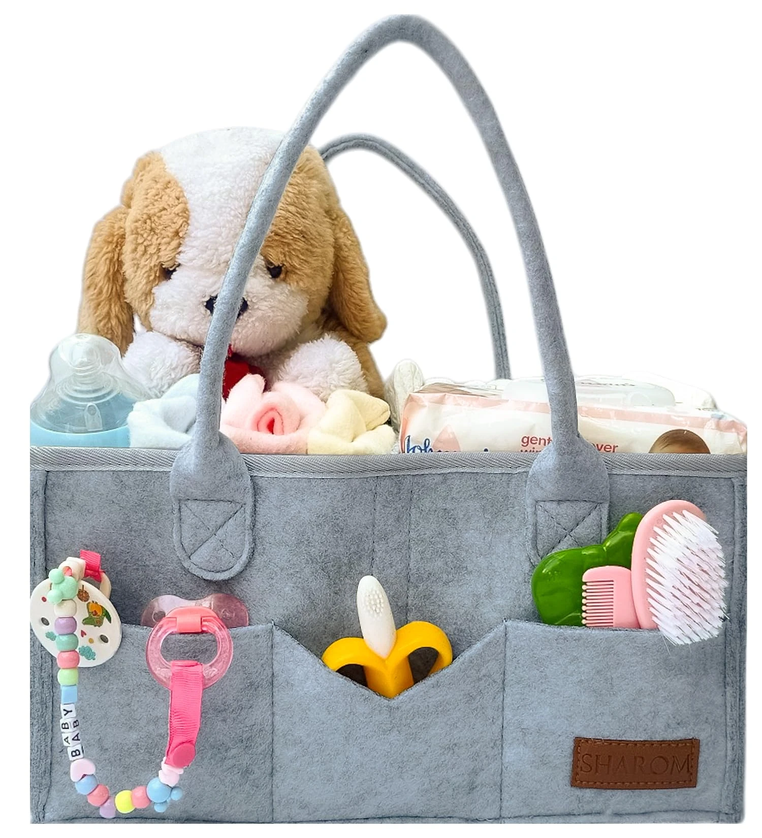 SHAROM Nappy Caddy Organiser. Sturdy & Portable Baby Diaper Cady with 3 Big Adjustable Compartments & 8 Big Pockets For Storage. Washable Diaper Caddy for Newborn Essentials,34*22*18 cm (Dark Grey)