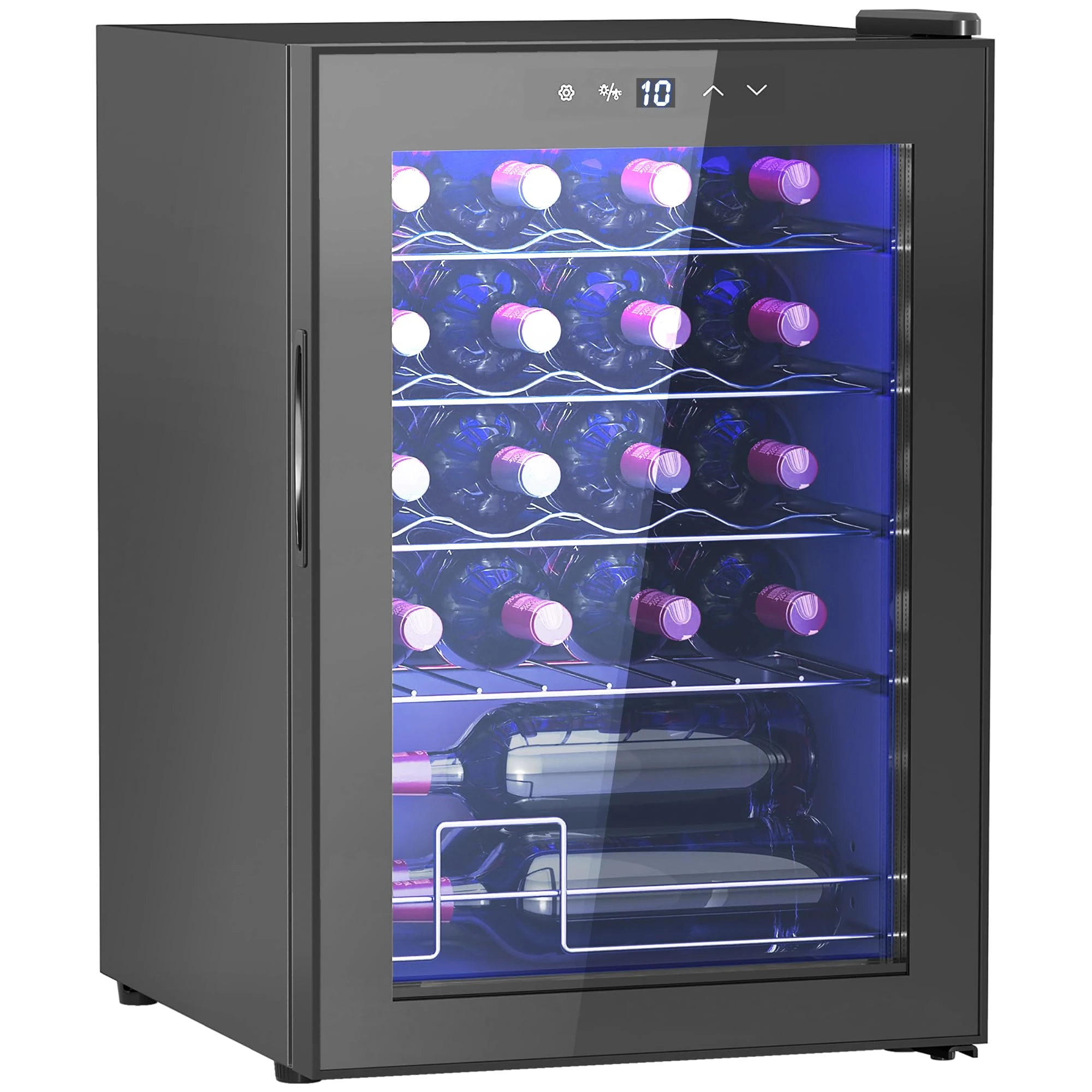 HOMCOM 53L Wine Cooler, 20 Bottles, 5-18℃ Freestanding Wine Fridge with Glass Door, LED Light, Temperature Control and Digital Touch Screen, Black