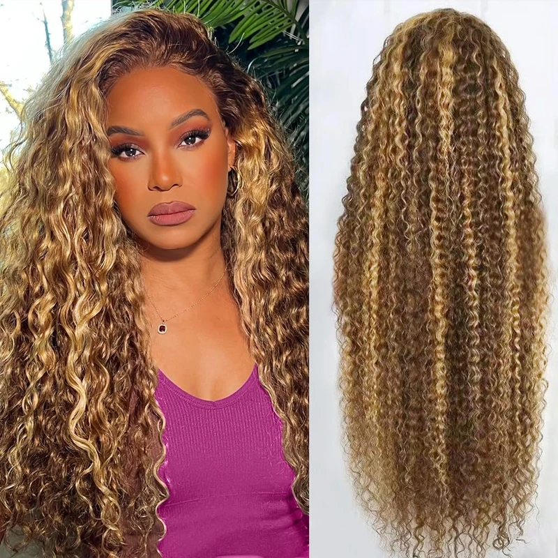 abbildung 76.2 cm Highlight Ombre Lace Front Wig Real Hair 33 x 15.2 cm HD Honey Blonde 4/27 Deep Wave Lace Frontal Wigs Glueless Wigs Human Hair