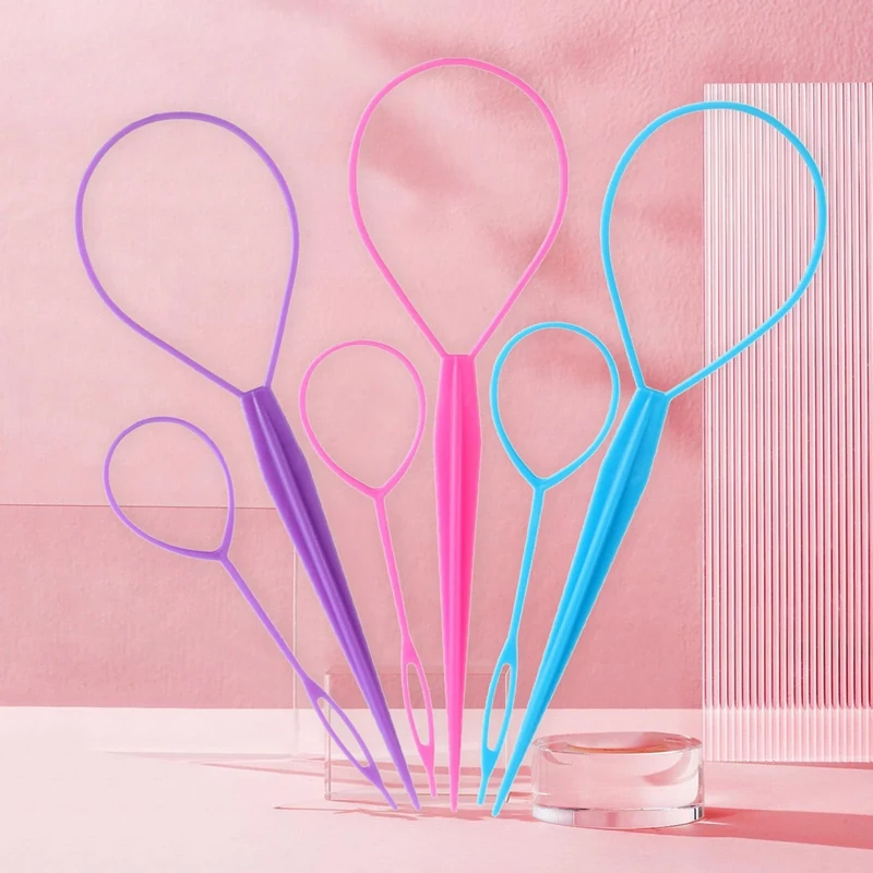 6pcs Topsy Tail Hair Tool Topsy Tail and Hair Loop Styling Tool Set Ponytail Makers, Topsy Tail Tool Braid Loops in Large and Small, (Pink, Blue, Purple) for Women.