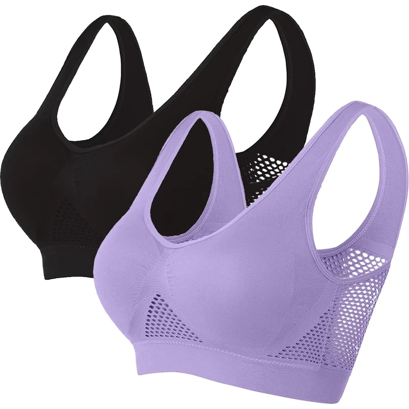 Memoryee Padded Sports Bras Women Medium Impact Plus Size for Large Breasts Push Up Seamless Breathable for Yoga Running Crop Top Black+Purple XL