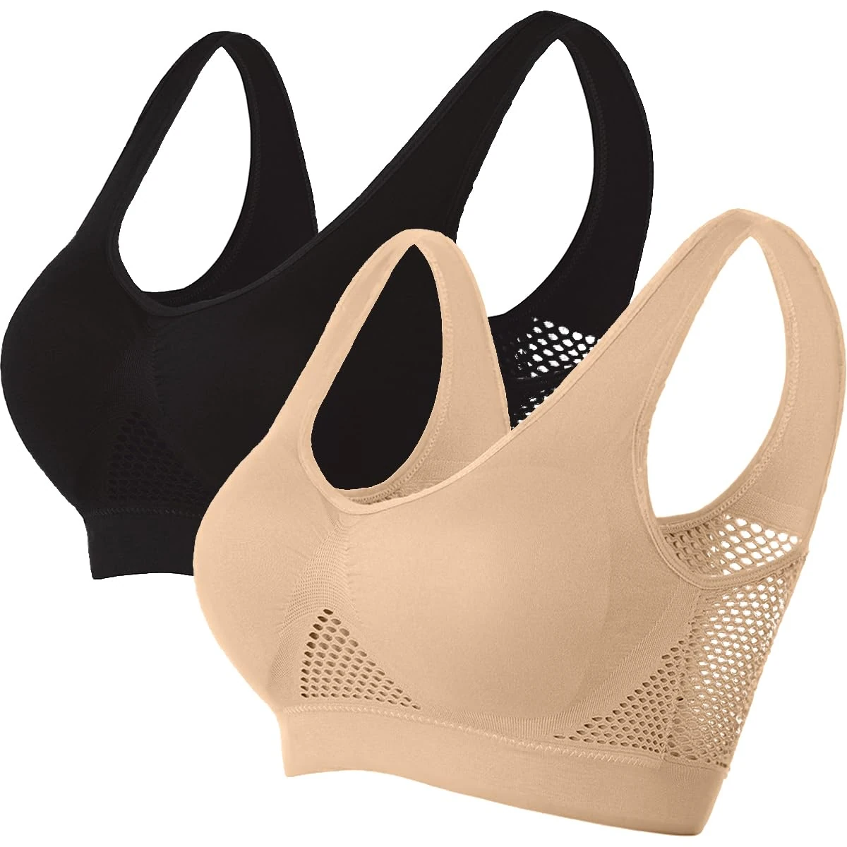 Memoryee Padded Sports Bras Women Medium Impact Plus Size for Large Breasts Push Up Seamless Breathable for Yoga Running Crop Top Black+Beige XXL