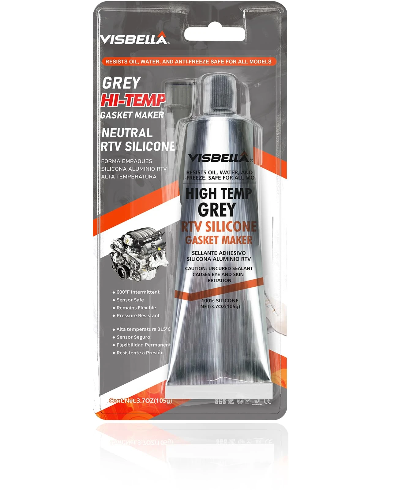 Visbella High Temperature RTV Silicone Gasket Maker, Sealed Oil Resistant Waterproof Quick Dry Liquid for Bonding Internal Combustion, Steam Turbines, Automotive Engine Parts 3.7OZ (GREY)