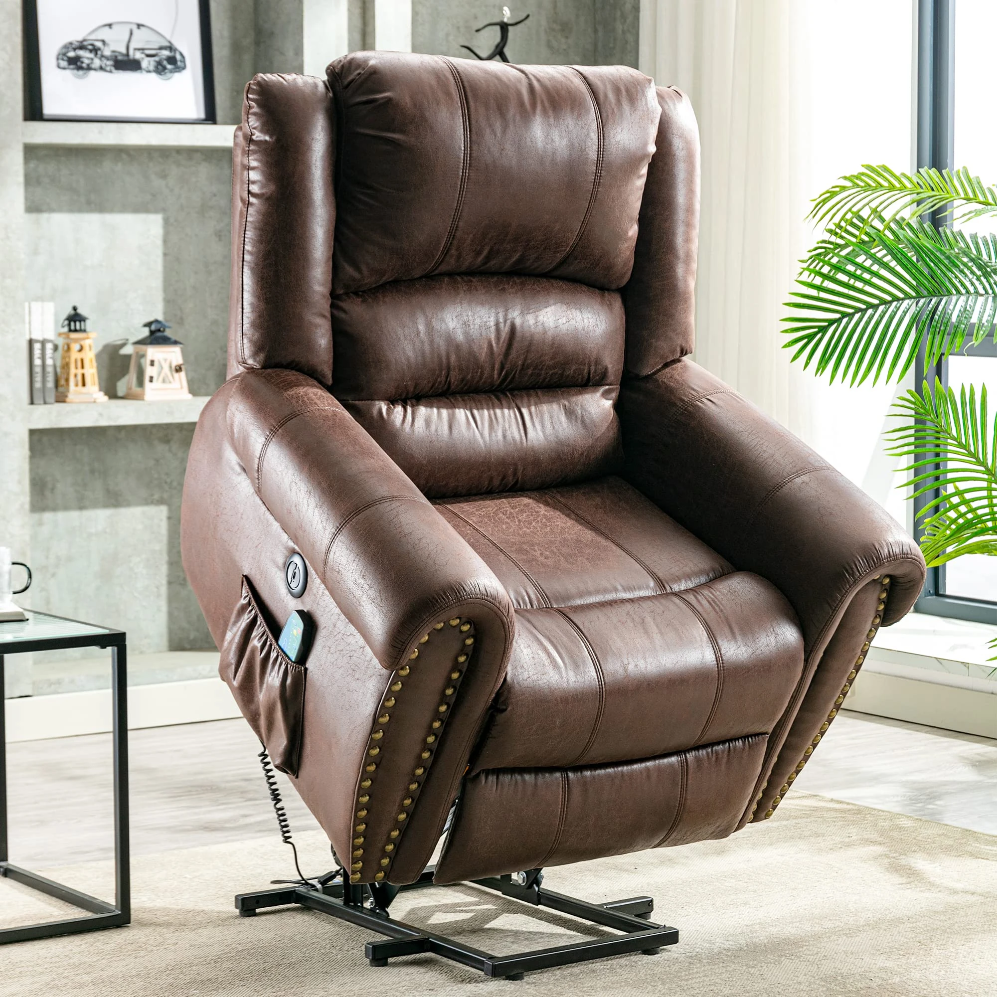 Jaxenor Large Riser and Recliner Chairs for Living Room, Electric Recliner Armchair, Faux Leather Reclining Chairs for Elderly, Lift Heated Massage Chair with 2 Side Pockets, USB Port, Brown