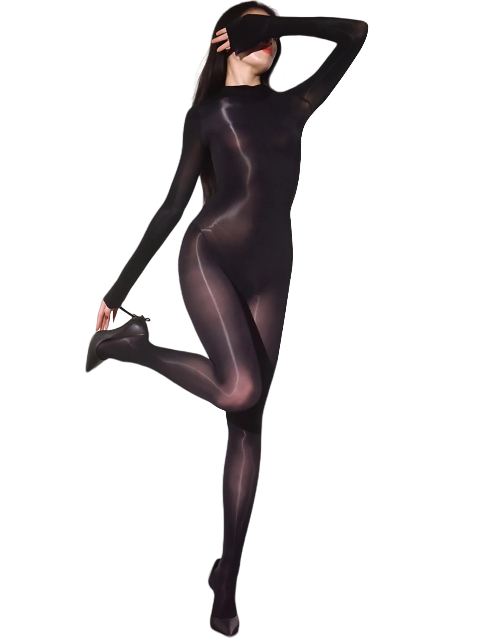 RUIBAVYA Women's Bodystocking Sexy Shiny Tights Bodysuit Sheer Full Body Stocking High Neck Nylon Catsuit Shimmer Bodysuit
