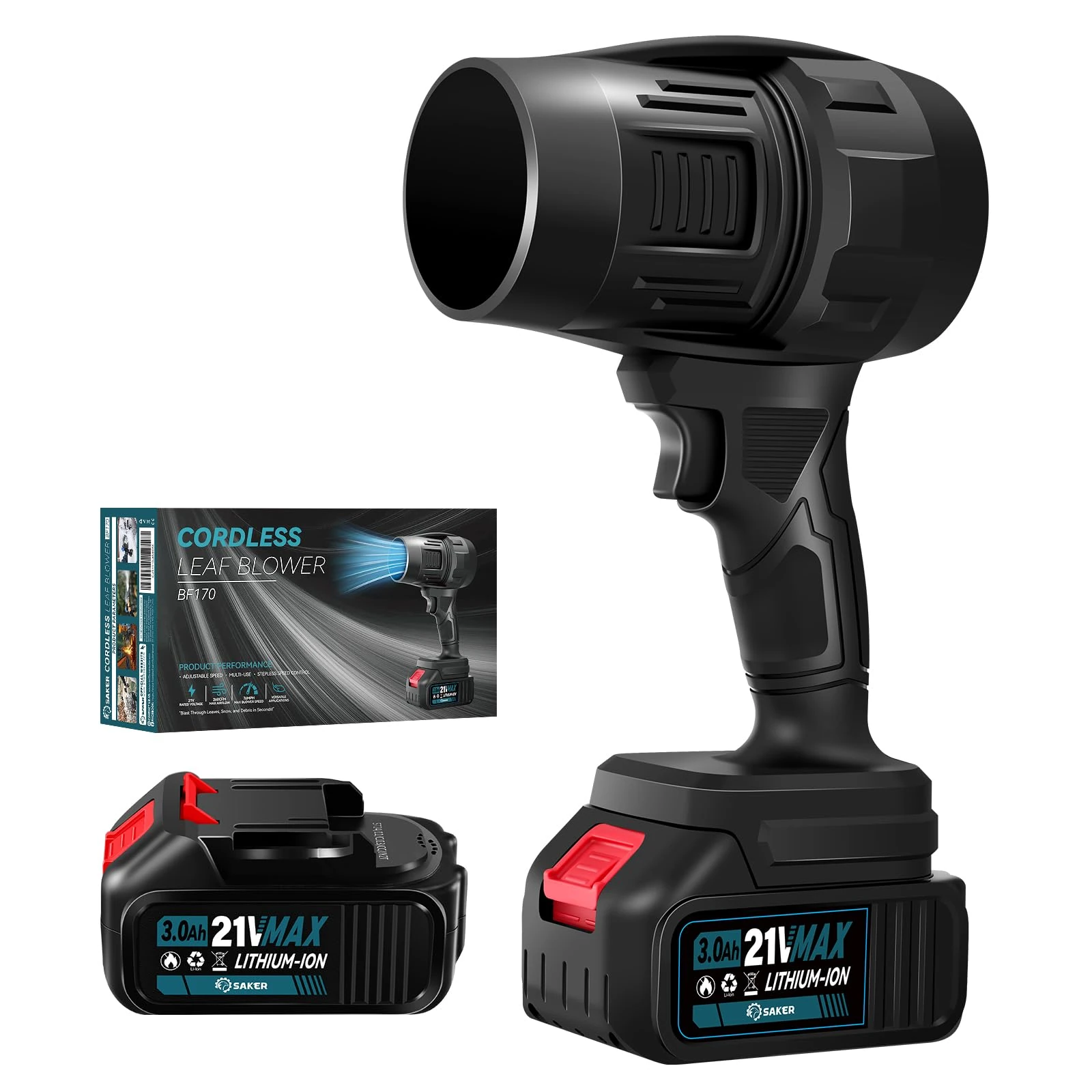 Saker Portable Dust Cleaner Cordless Leaf Blower Handheld Garden Blowers 180000 RPM with 2×4000mAh Batteries for Patio Cleaning, Blowing Leaves, Drying, Camping Black