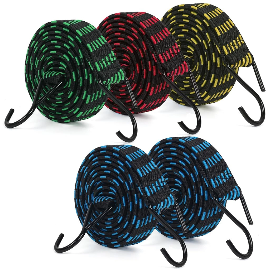 5Pcs Bungee Cords with Hooks, IKR Bungee Straps 2m/6.6ft Long Elastic Bungee Rope Luggage Bungee Straps Anti-slip Flat Elasticity Rubber Straps for Luggage Camping Roof Racks Moving Cargo