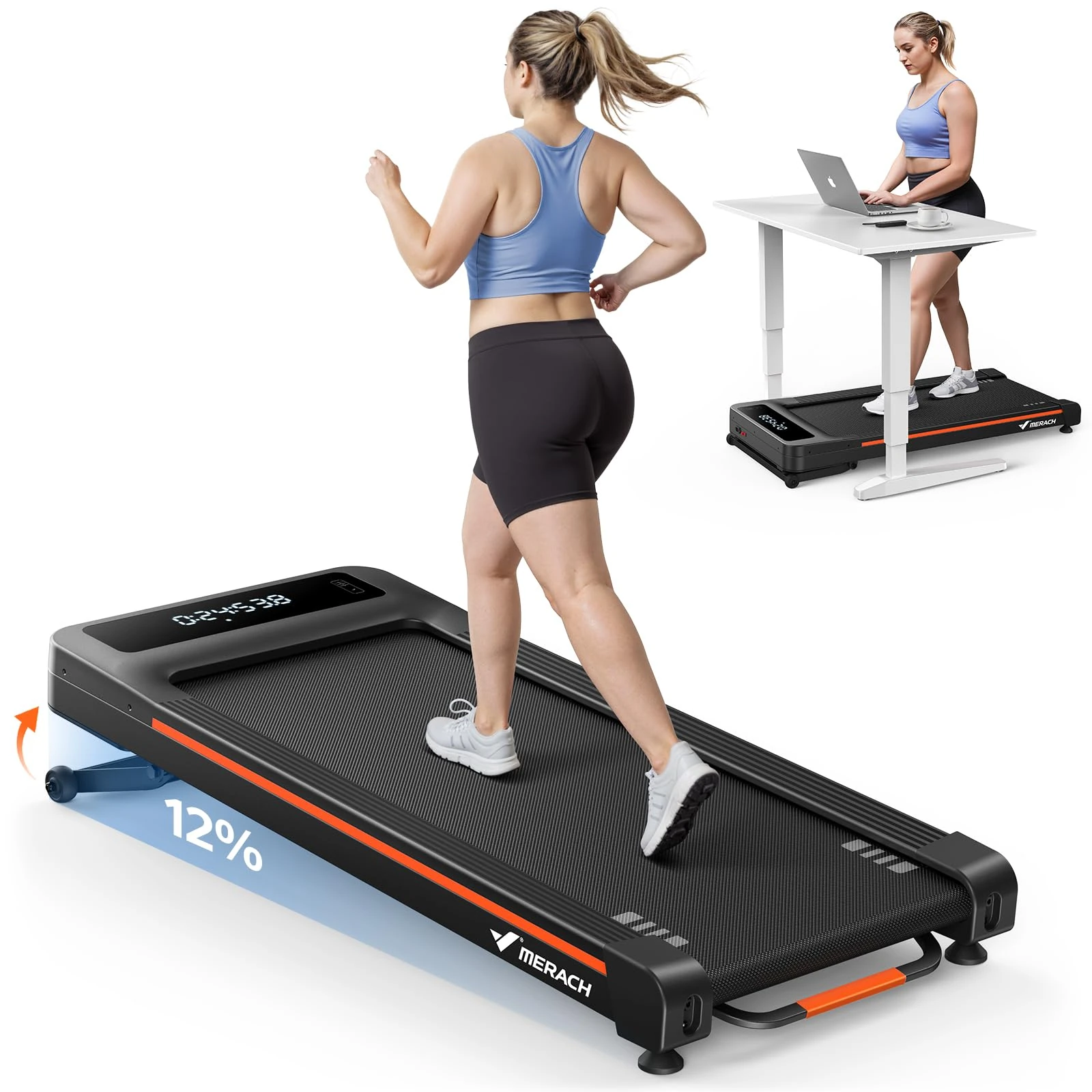 MERACH Heavy Duty Walking Pad Treadmill for Home, 12% Auto Incline, 400lbs Capacity, 3.5HP Super Quiet Brushless Motor, Racer Damp Belt, Under Desk Treadmills with Remote & LED Display