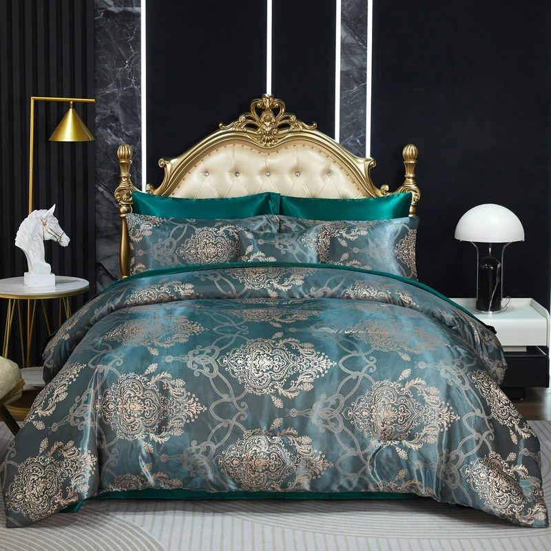 Green Jacquard King Comforter Set Sheet Set Elegant Bedding Set 8 Pcs Embroidery Neoclassical Floral Pattern Bed Home Decor Soft Down Comforter Luxury Hotel Silky Bed in a Bag with 1 Cushion Cover