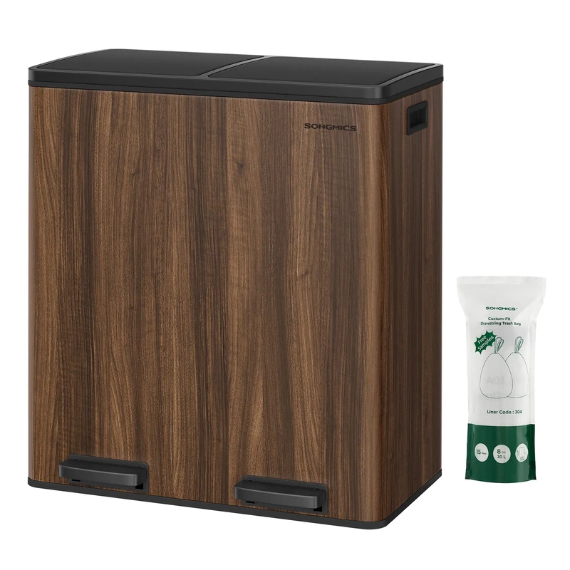 SONGMICS Dual Rubbish Bin, Metal Recycling Bin with 15 Rubbish Bags, 2-Compartment, with Lids, Pedals, Plastic Inner Buckets, Soft Closure, 2 x 8 Gallons (2 x 30 L), Dark Walnut LTB060N02