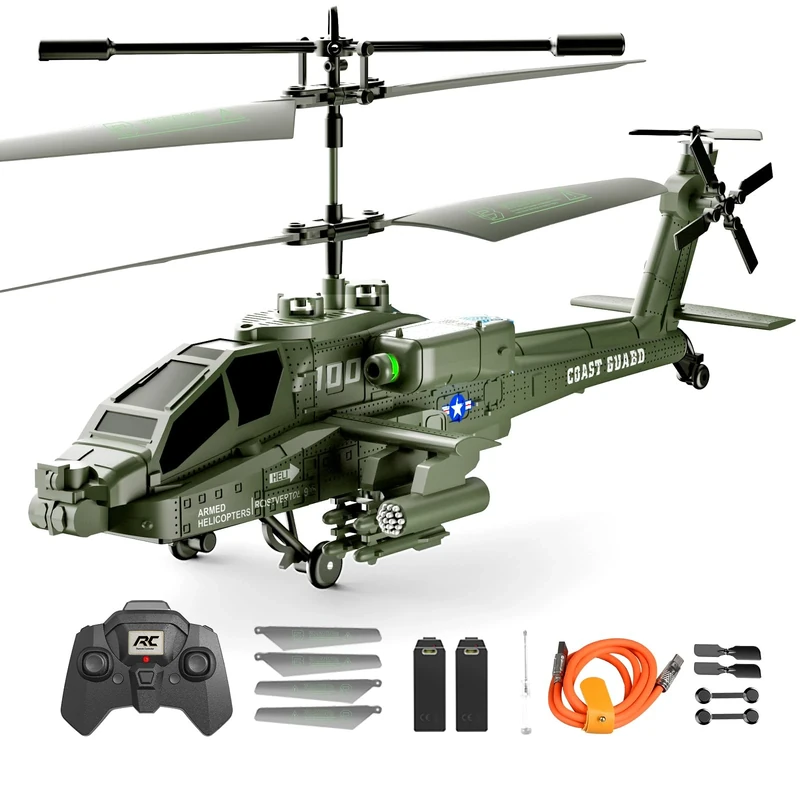 Apache RC Helicopter Toy for Adults, 2.4GHz Remote Control Helicopter Drone with 2 Batteries, LED Lights, One Key Take Off/Landing, Altitude Hold, Indoor Flying Toy Gifts for Kids Boys 8+ Green