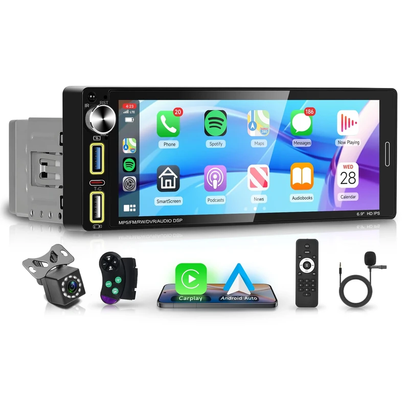 6.9 Inch Single Din Wireless CarPlay Touchscreen Car Stereo, Rimoody 1 Din Car Radio with Wireless Android Auto Bluetooth FM Radio SWC EQ Mirror Link Car Player Rear View Camera