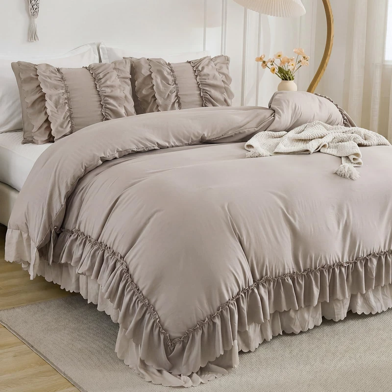 Herside Taupe Boho Ruffle Comforter Queen Size,Shabby Chic Ruffle Bedding Set,2 Layers Ruffles Fluffy Vintage Comforter Home Decor,Farmhouse 3 Pcs Microfiber Lightweight Quilt Set for Women Girls