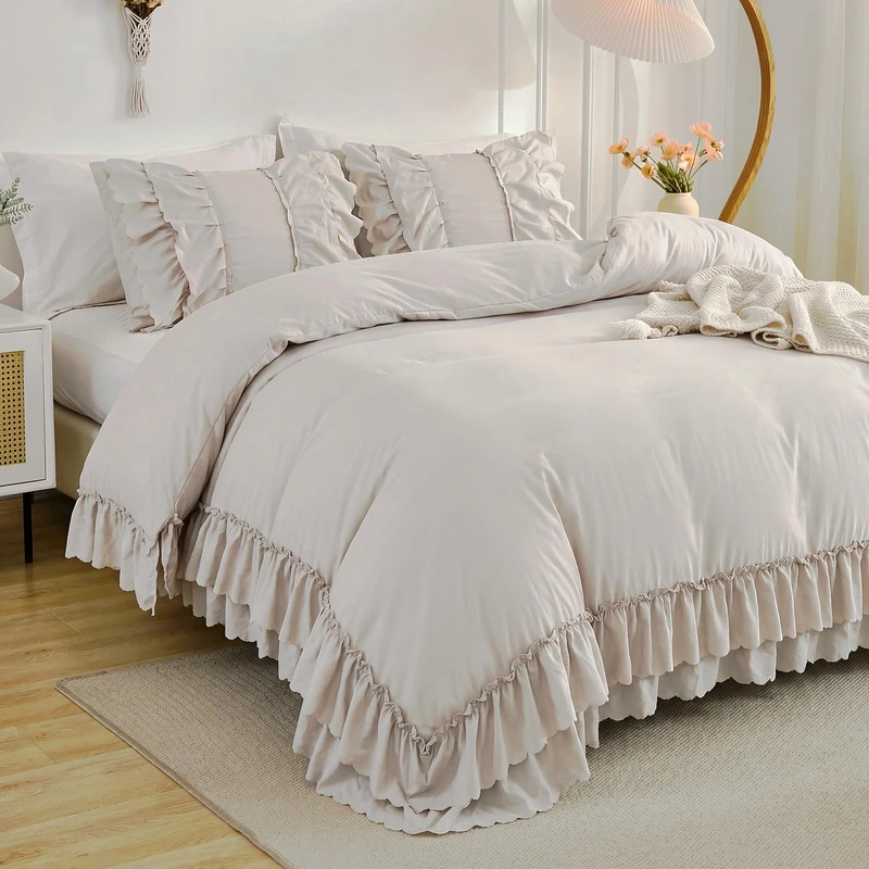 Herside Beige Boho Comforter Queen Size,Shabby Chic Ruffle Bedding Set,2 Layers Ruffles Fluffy Vintage Comforter Home Decor,Farmhouse 3 Pcs Microfiber Lightweight Quilt Set for Women Girls
