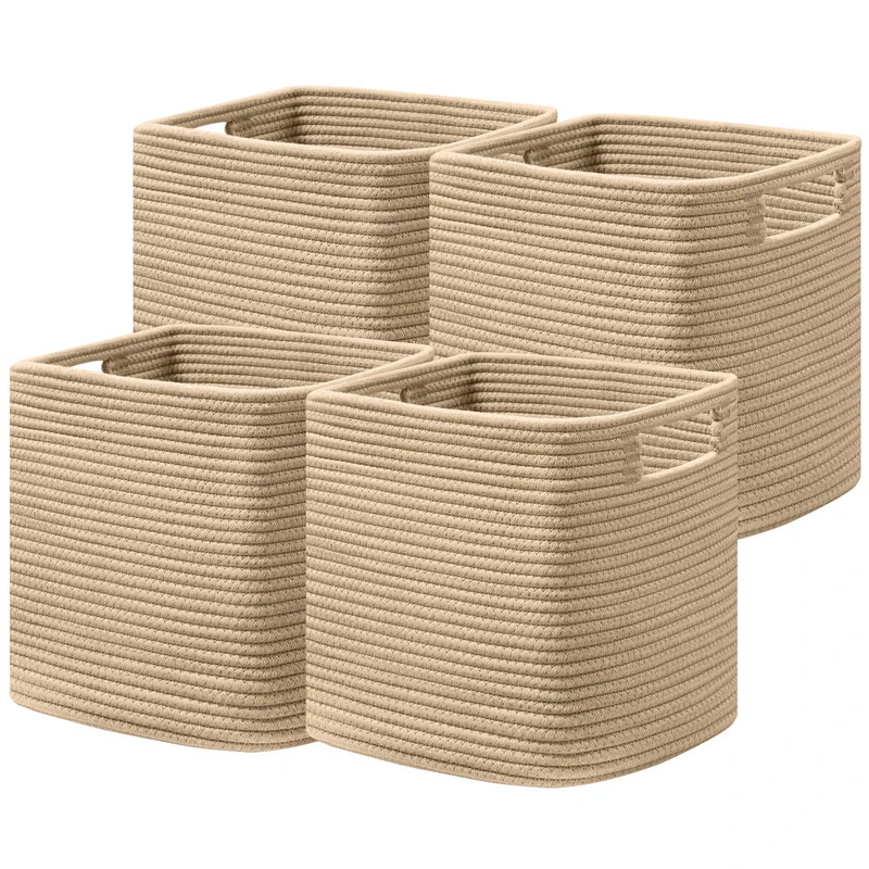 UBBCARE Set of 4 Storage Basket-12 X 12 X 12 in, Cotton Rope Basket for Shelves, Toys, Book, Cube Storage Bins with Handles, Woven Storage Basket for Organizing, Brown
