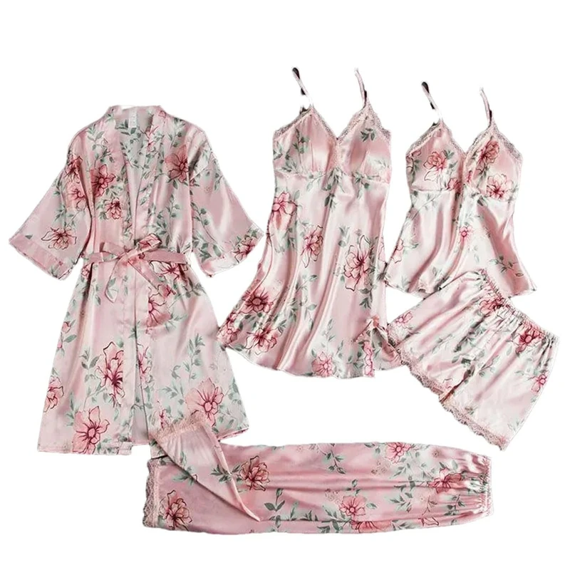 Women Sleepwear 5PCS Pajamas Set Satin Pyjamamas Lace Patchwork Wedding Nightwear Rayon Home Wear Nighty&Robe Suit pnnrk C XL