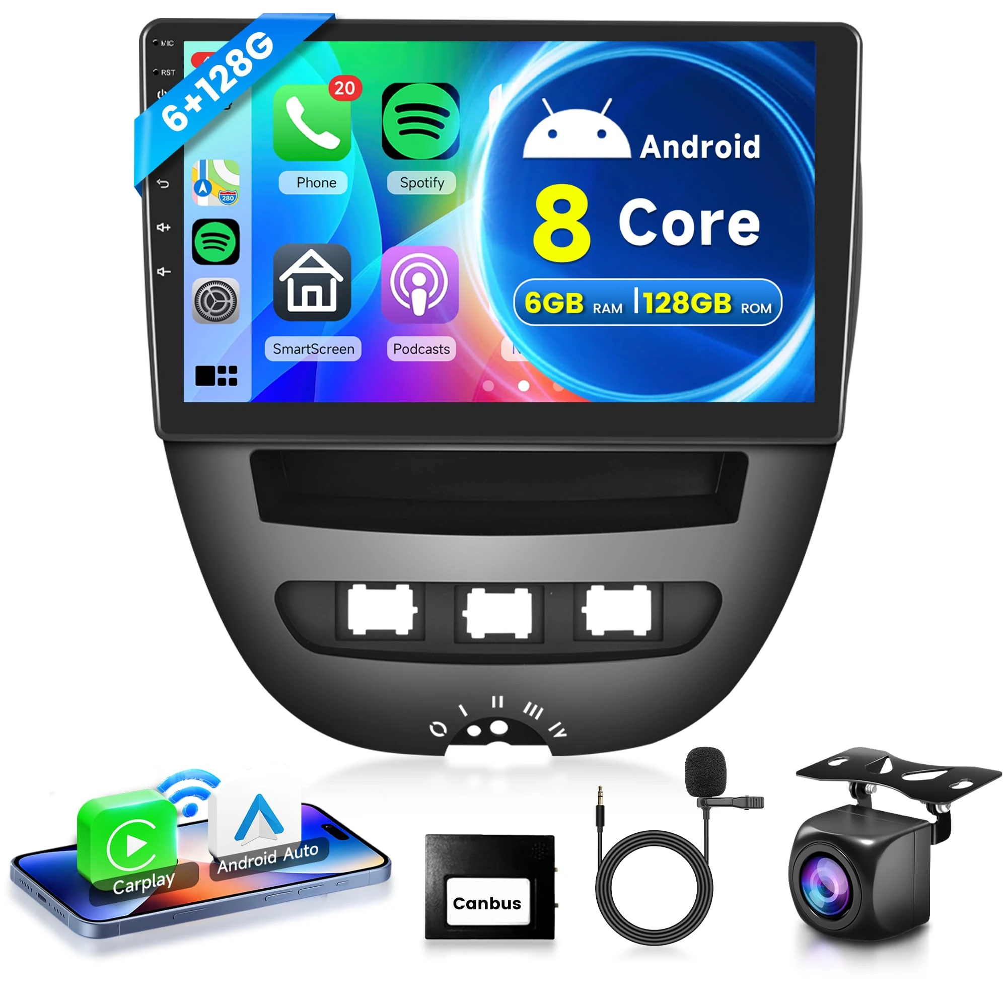 6G 128G for Citroen C1/Peugeot 107/Toyota Aygo 2004-2014 with Carplay Android Auto Android Car Stereo, 10.1 Inch Touch Screen Car Radio with GPS Navigation Bluetooth FM RDS WiFi Backup Camera