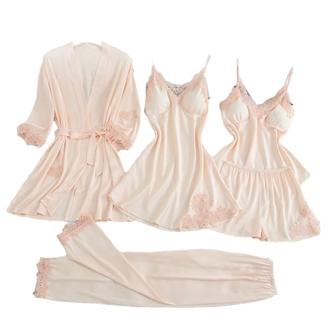 Women Pajamas Five Piece Set Spring Summer Pijamas Suit Nightwear Silky Satin Kimono Bathrobe Gown Loose Home Wear Champagne A XL