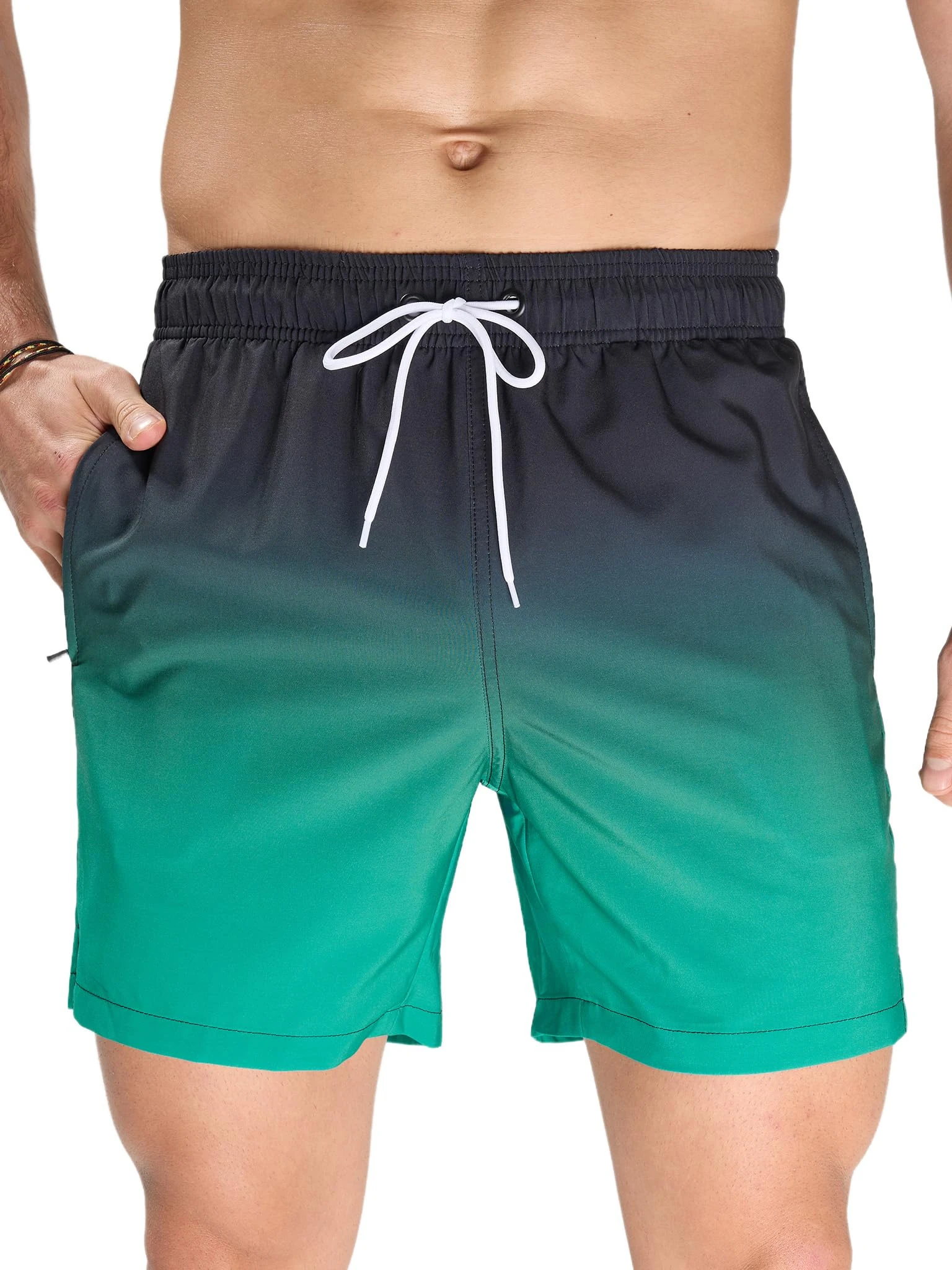 Arcweg Swimming Shorts Men with Mesh Lining Swim Shorts Quick Dry Mens Swimming Trunks with Zip Pockets Surf Swimming Beach Black Green Gradient M(UK)