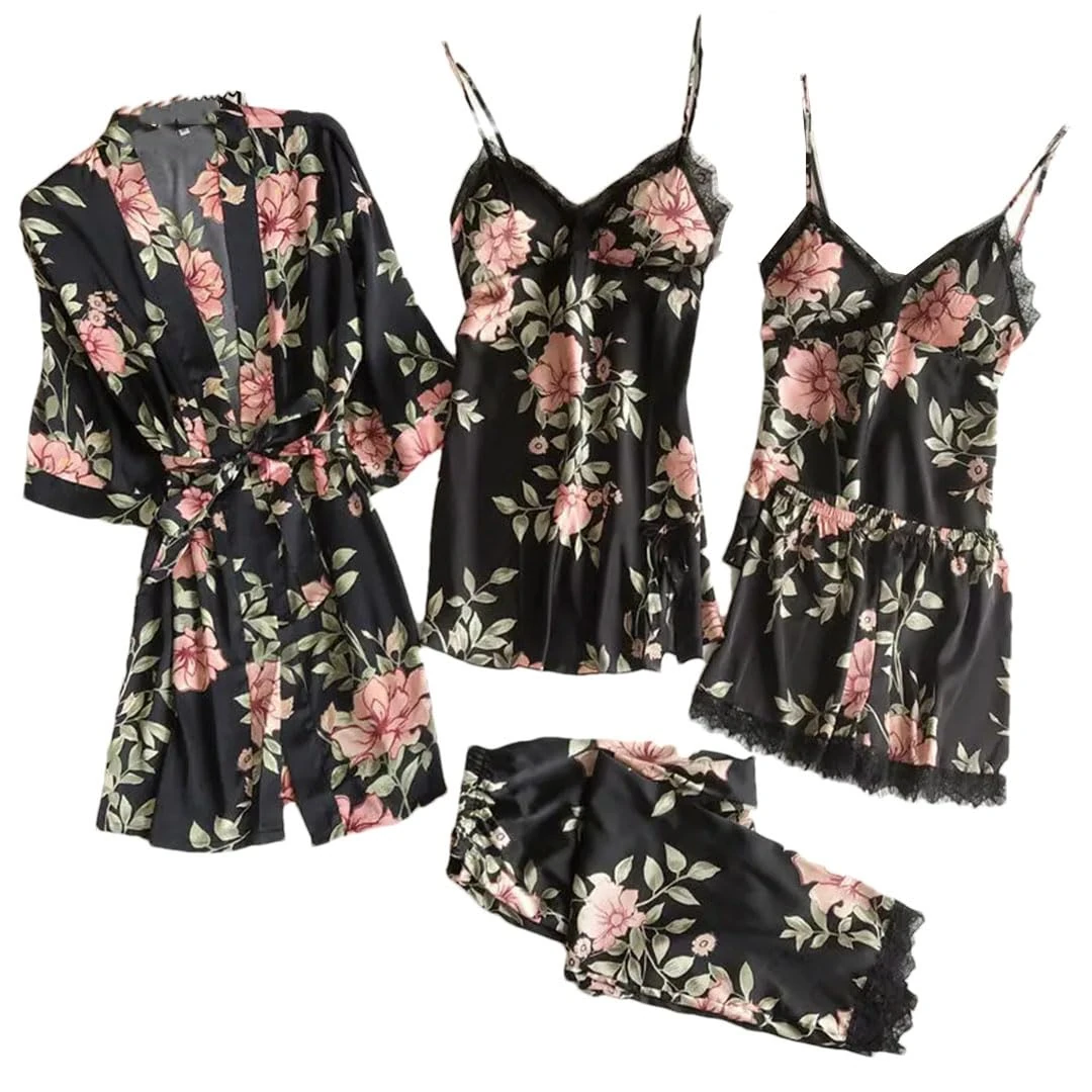 Women 5PCS Pajamas Robe Set Sexy Burgundy Lace Trim Nightgown Sleepwear Loose Casual Satin Pyjama Lounge Wear Black C M