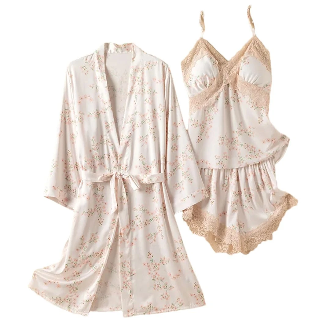 Women 3PCS Pajamas Set Silk Satin Sleepwear Strap Top&Shorts Print Lace Trim Nightwear Pijamas Suit Loose Homewear pnnrk Flower 2Set A XL