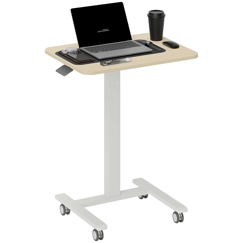 Vinsetto 65 × 48cm Mobile Standing Desk with 4 Rolling Castors, Stand Up Desk on Wheels, Height Adjustable Standing Desk, Over-bed Table for Living Room, Bedroom, Medical, Natural Wood Finish