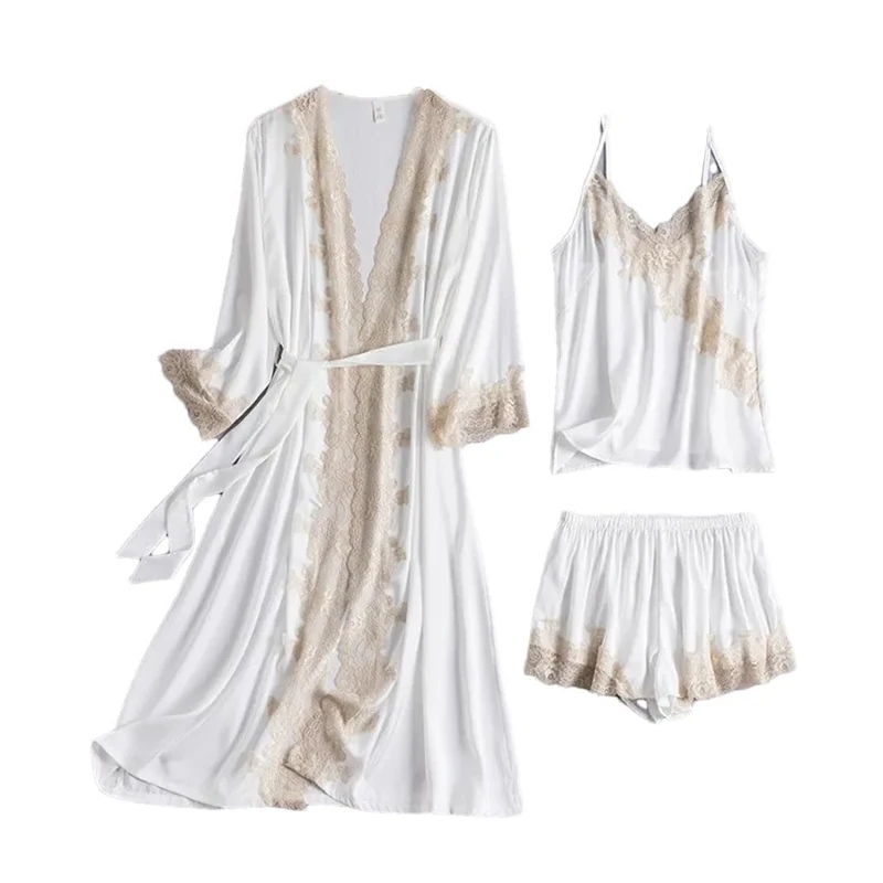Women Lace Three Pieces Sleep Set Satin Patchwork Nightgown Kimono Robe Gown Suit With Shorts Nightwear Home Wear White A M