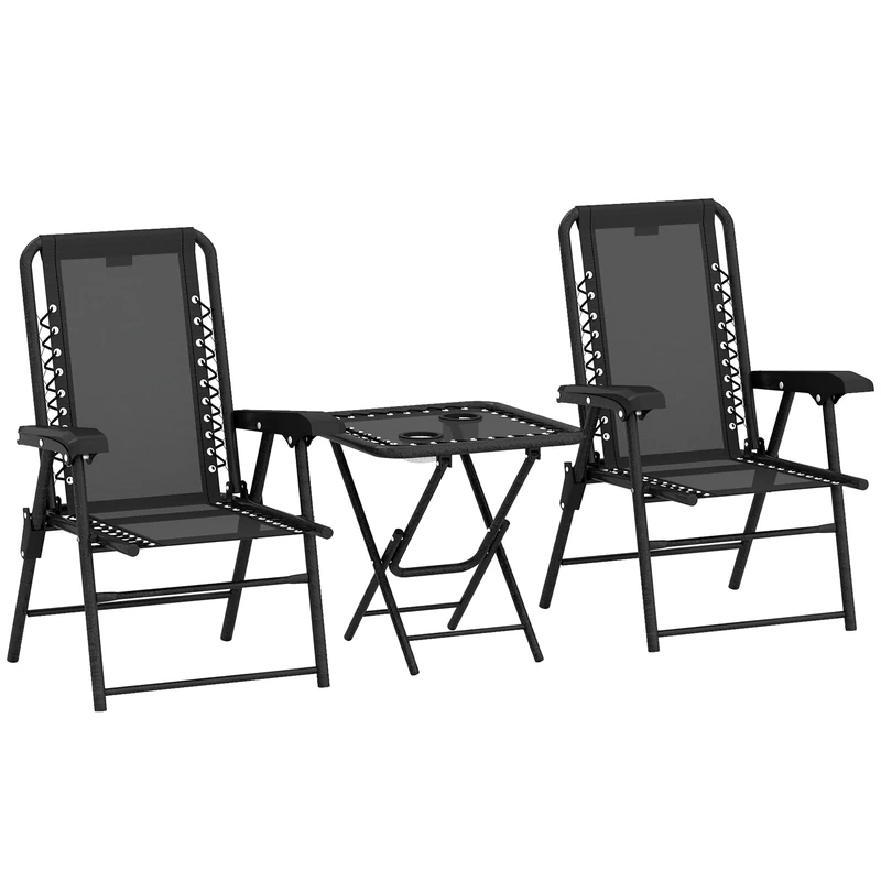Outsunny 3 Pieces Garden Bistro Set, Folding Table and Chairs Set, Metal Garden Furniture Set with Cup Holders for Outdoor, Patio, Balcony, Black