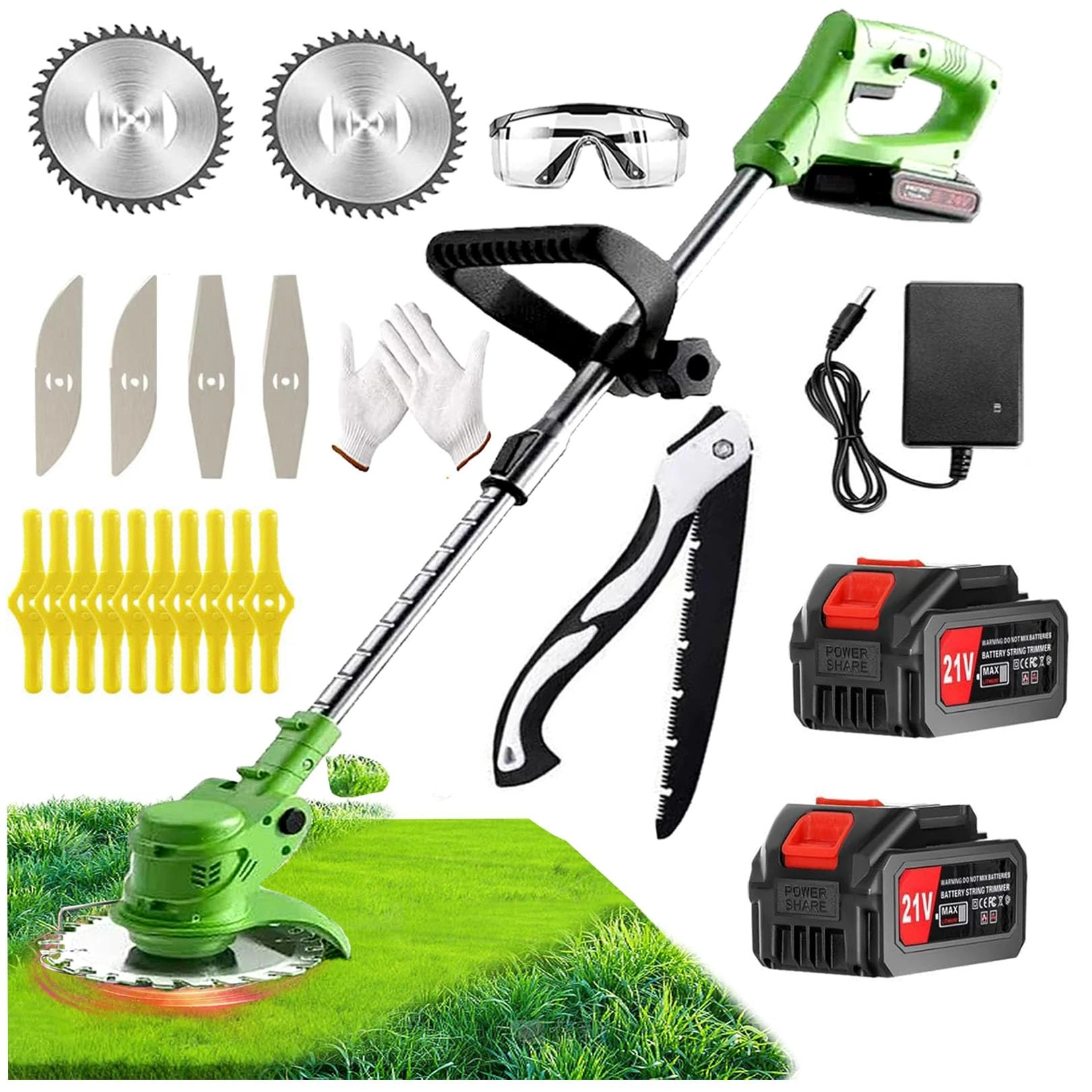 Grass Trimmer 21V Electric Cordless Strimmer & Brush Cutter with 2 Batteries, 3 Blades - Lawn Edger That Grass Trimmer - Battery Powered Yard Tool For Lawns and Farmland, DIY Garden, Lawn Care