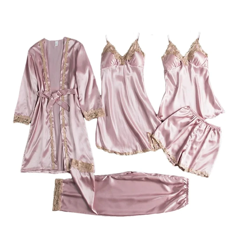 Women 5PCS Pajamas Set Spring Silk Satin Sleepwear Pyjama Pour Sleepwear Sexy Loose Lace Lounge Wear Pijamas Suit pnnrk B M