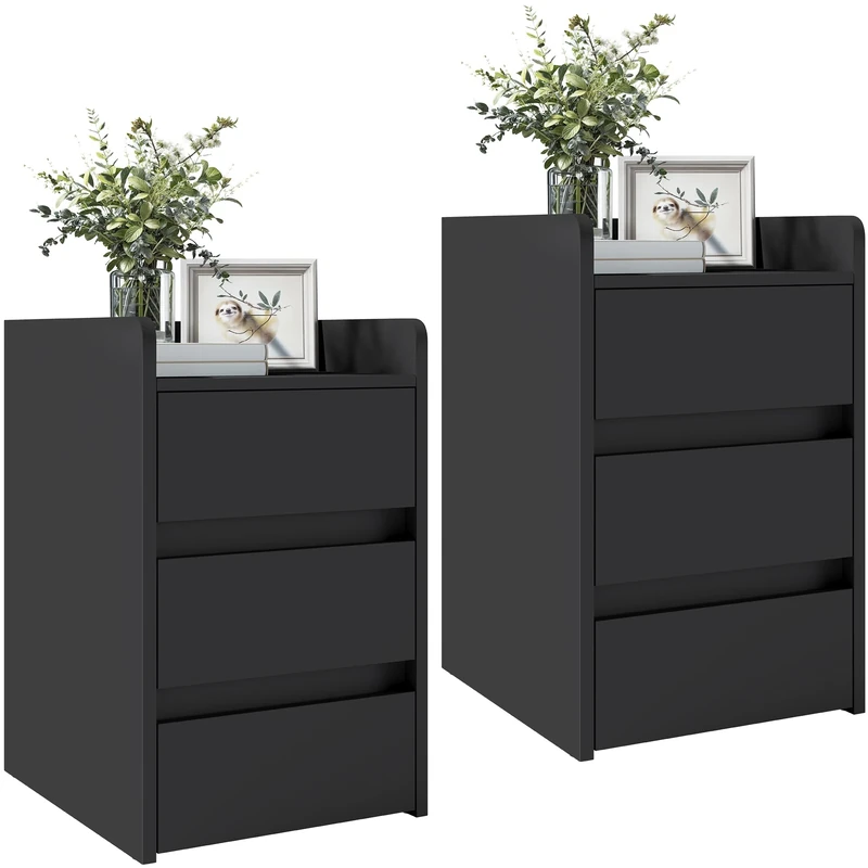 YITAHOME Set of 2 Bedside Table with 3-Drawer, Nightstand End Table Side Furniture with Storage, Small Bedside Storage Cabinet for Bedroom, Living Room, Hallway, 35 x 40 x 59cm, Black