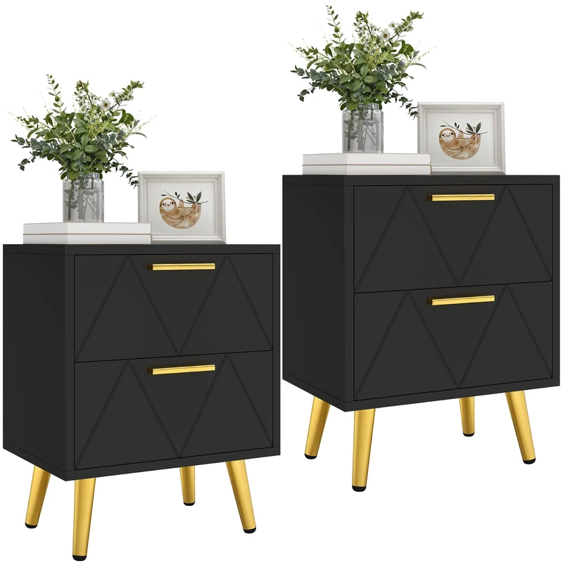 YITAHOME 2-Drawer Bedside Table Set of 2, Small Bedside Storage Cabinet with Storage, Nightstand End Table for Living Room Bedroom Office, Black & Gold, 40x30x52cm, Black & Gold