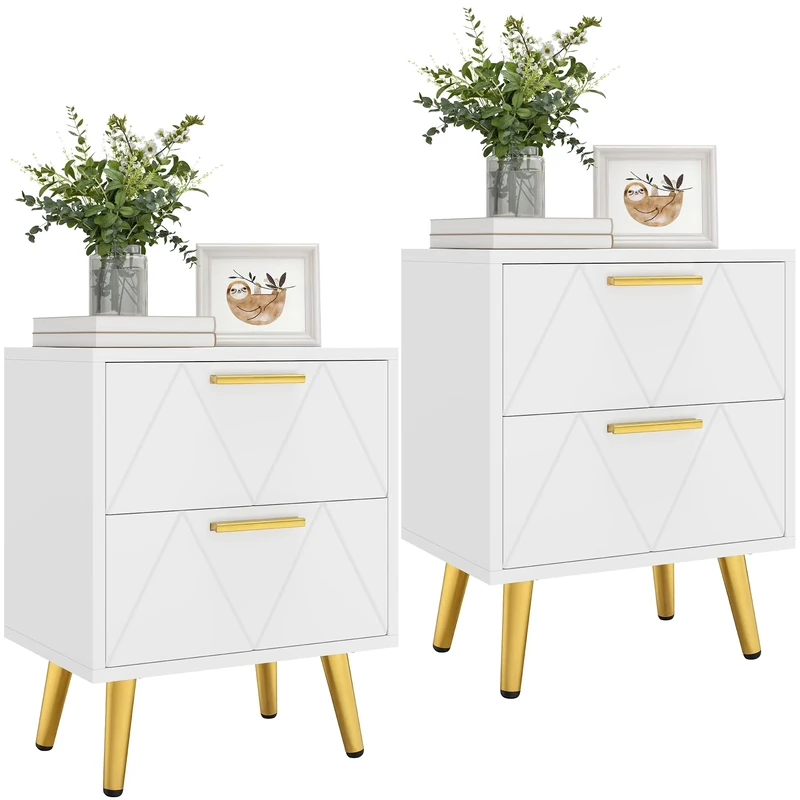 YITAHOME 2-Drawer Bedside Table Set of 2, Small Bedside Storage Cabinet with Storage, Nightstand End Table for Living Room Bedroom Office, 40x30x52cm, White & Gold