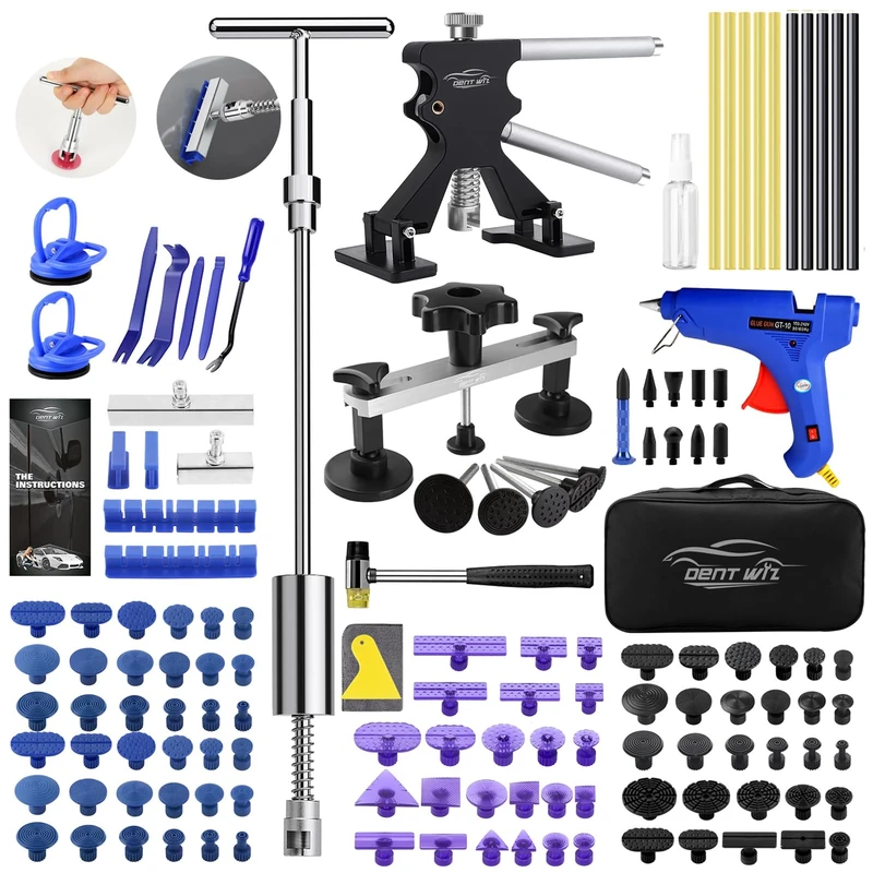 DentWiz Car Dent Puller Kit with T-bar Slide Hammer, Glue Gun and Bridge Puller, Dent Lifter -Paintless Dent Removal Kit for Auto Body Dent, Metal Surface and Hail Damage Repair