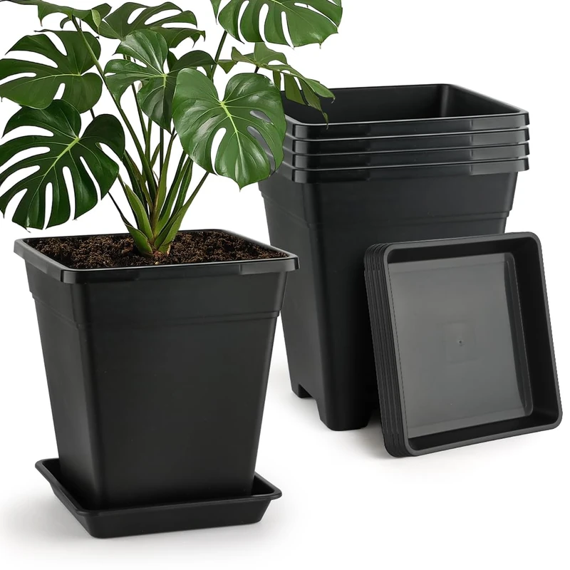 BTPLASTIK Plant Pots 10 Inch Set of 5, Large Square Plastic Planter with Drainage & Saucer, 5 Gallon Thick Outdoor Garden Pots Container for Outdoor Indoor, Flower Pots Planters