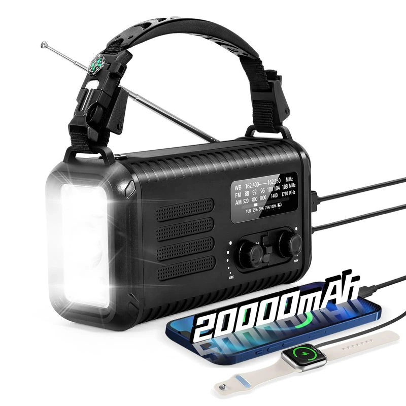 Emergency Wind Up Radio, 20000mAh Solar Radio, Hand Crank Radio with AM/FM/NOAA, Portable Radios with Flashlight & Reading Lamp, Earphone Jack, SOS Alarm, Phone Charger for Indoor Outdoor (Black)