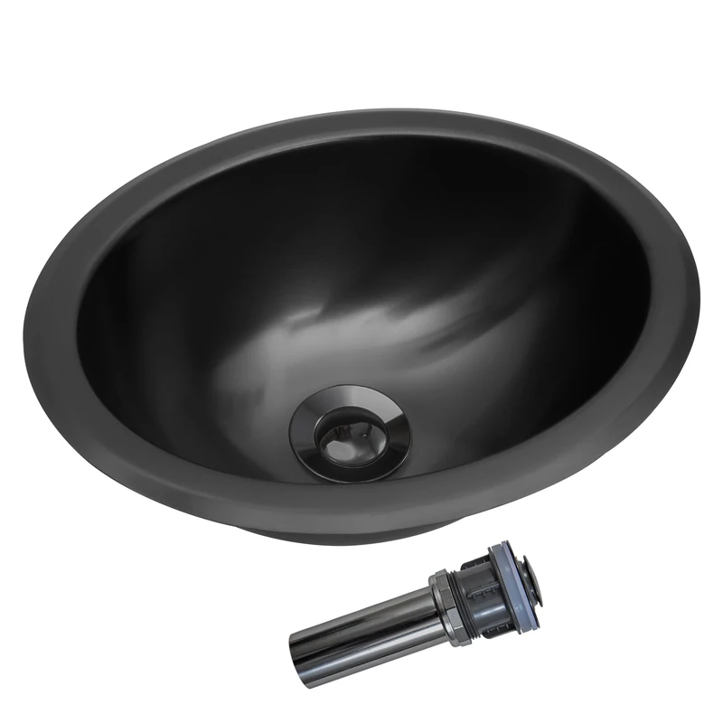 LQS Black Stainless Steel Oval Sink, Small RV Kitchen Sink, Small Bar Sink with Sink Drain Assembly (Black, 13.39" x 10.55")