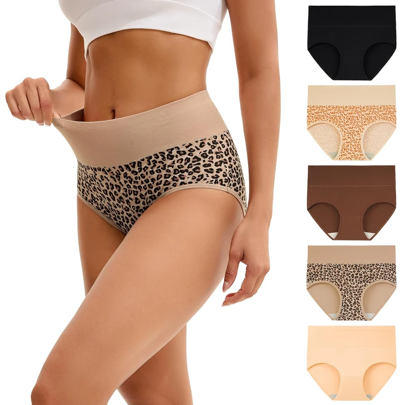 INNERSY High Waisted Knickers for Women Leopard Cotton Underwear Ladies Briefs Big Pants 5 Pack (12, 2 Leopard/3 Solid Colours)