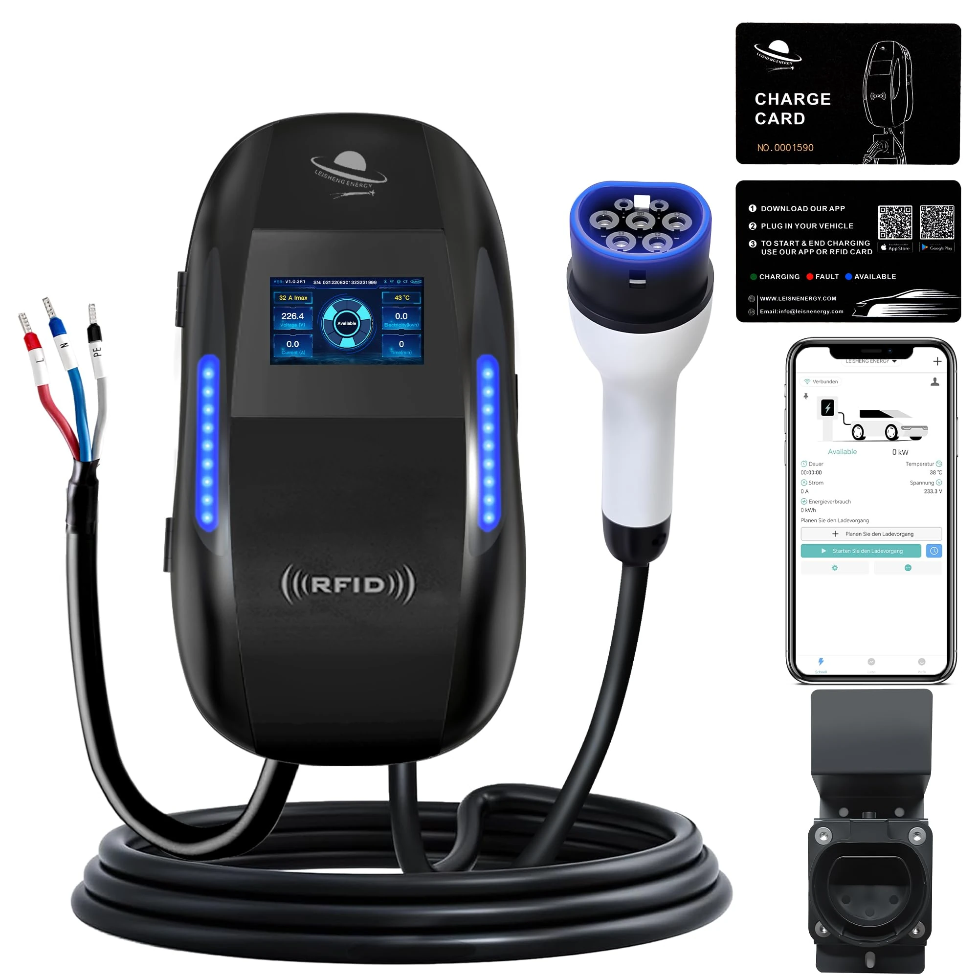LEISHENG ENERGY EV Charger, 7kW Electric Car Charger with 6 Metres Type 2 Charging Cable, 4.3" LED Display, IP65 Waterproof