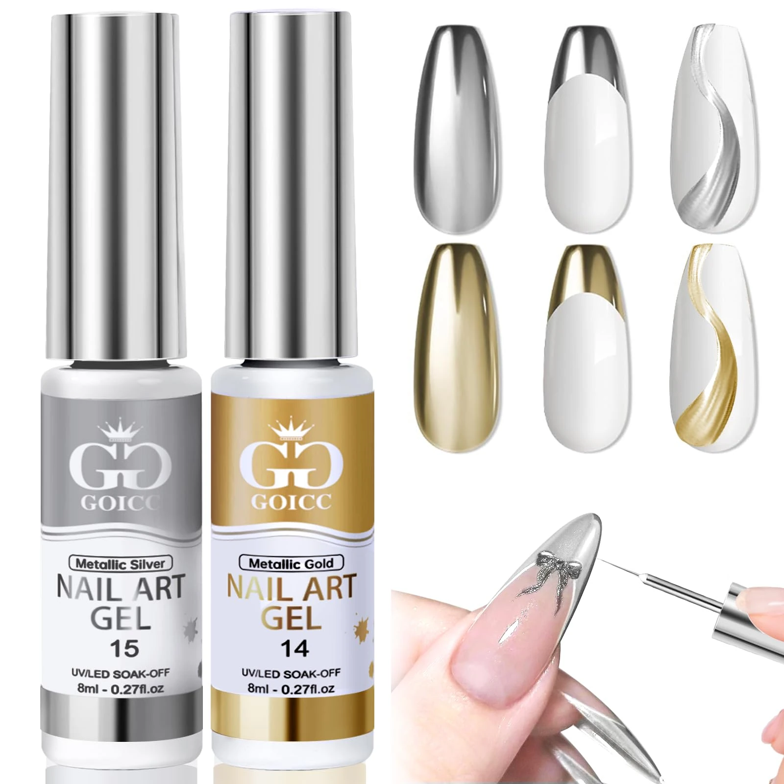 GOICC Chrome Gel Nail Polish 2PCS Silver Gold Metallic Gel Nail Polish Gel Liner Nail Art Polish 3D Nail Gel Mirror Effect For Nail Design Painting Gel Set With Thin Brush Soak off Curing Requires 8ml
