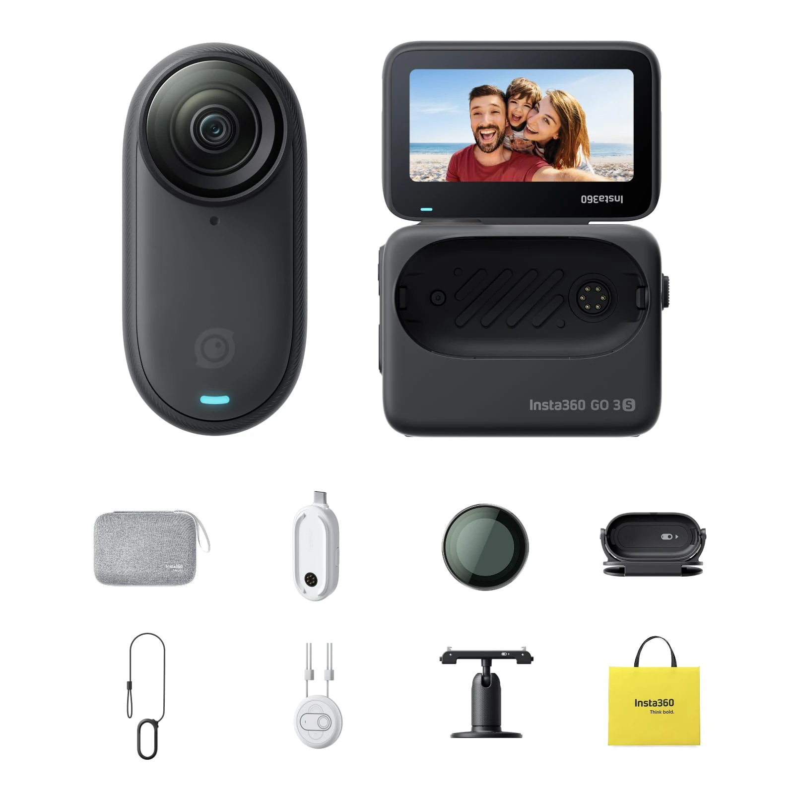 Insta360 GO 3S Get-Set Bundle Black 64GB - 4K Tiny Portable Vlogging Camera, Hands-Free POVs, Mount Anywhere, Stabilization, 140 Min Battery Life, 10m Waterproof, AI Editing, For Vlog, Travel