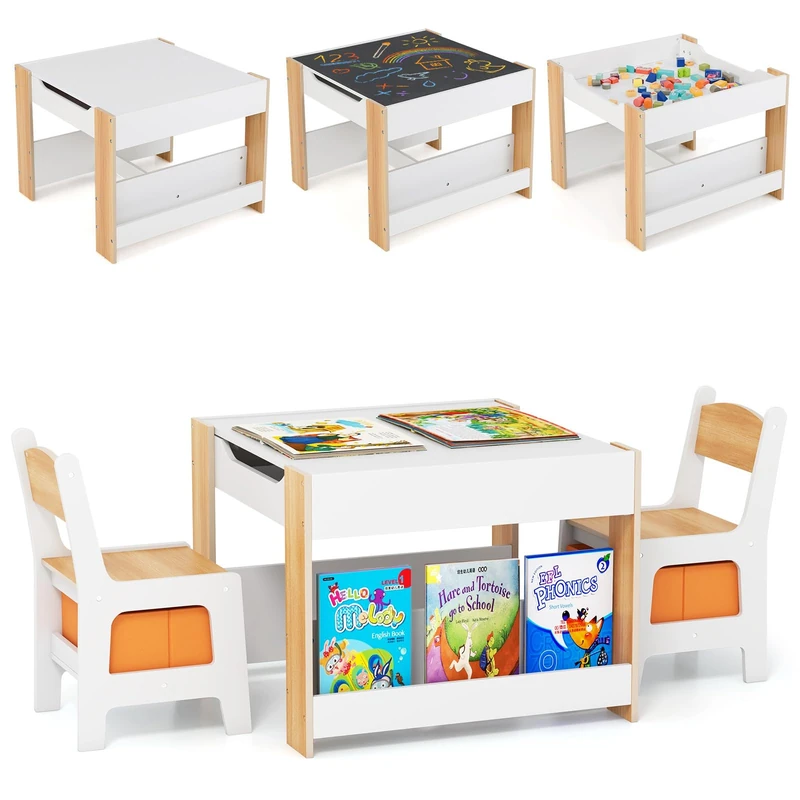 GYMAX Kids Table and Chairs Set, 4 in 1 Children Activity Desk with 2 Chairs, Reversible Tabletop, Bookshelves and Storage Bins, Wooden Toddler Table Set for Boys Girls (White+Natural, 61x61x48cm)