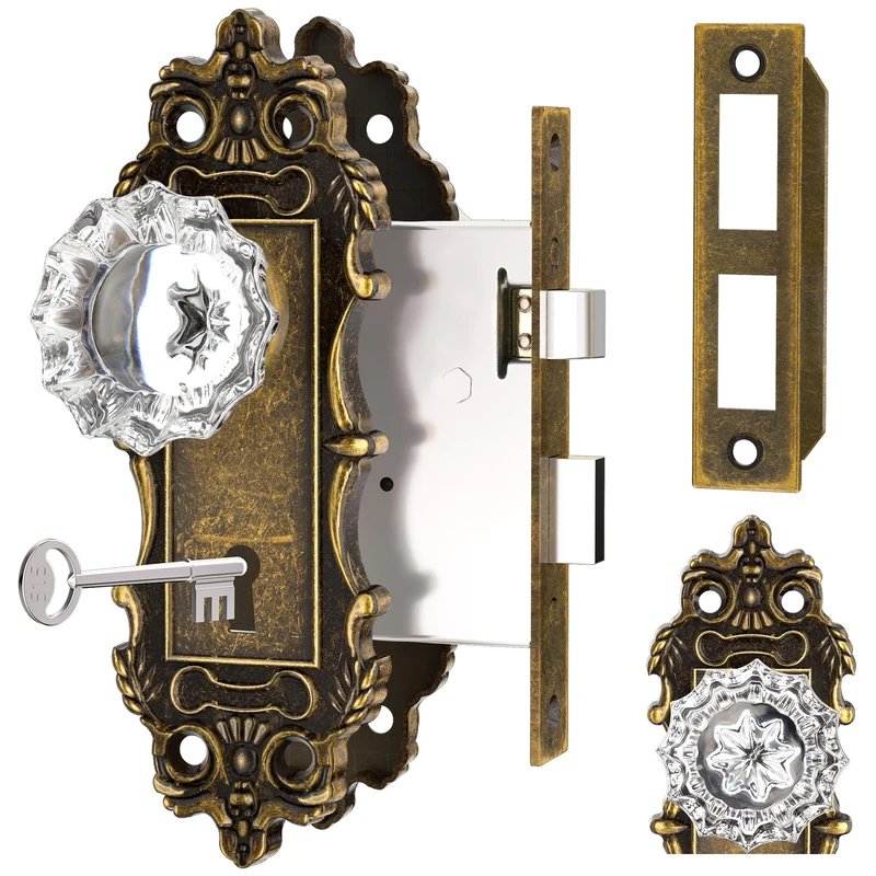 CEYMIO Mortise Lock Crystal Glass Door Knobs Interior, Antique Brass Bronze