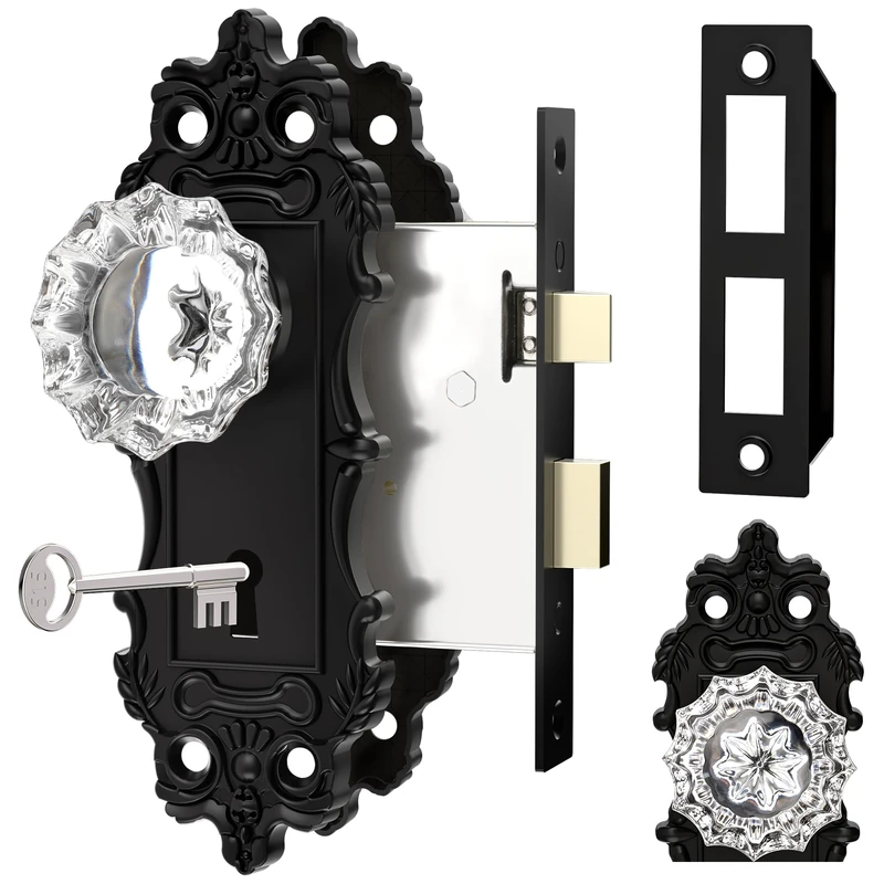 CEYMIO Mortise Lock Crystal Glass Door Knobs Interior, Matte Black