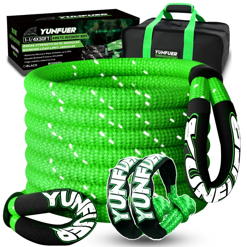 YUNFUER 1.26" x 30ft Kinetic Recovery Tow Rope (56,000lbs) with 2 UHMWPE Soft Shackles (56,000lbs) Heavy Duty Offroad Recovery Rope Kit for Trucks SUV UTV ATV Tractor Car Jeep (Green)